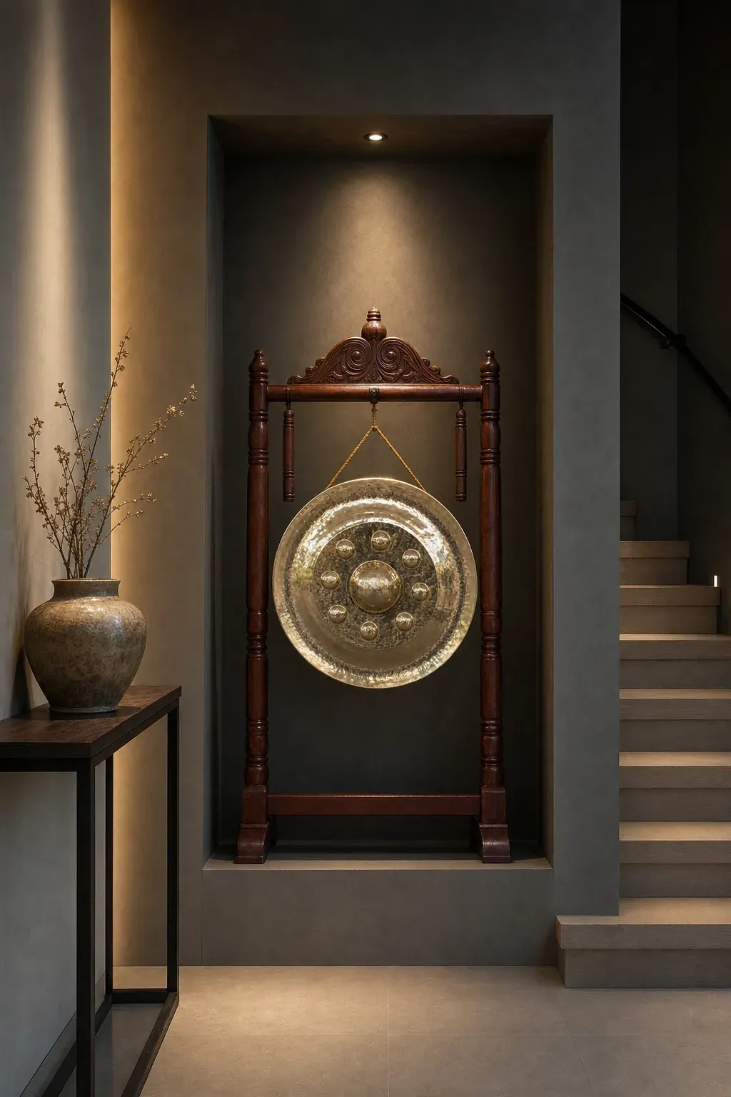 A brass nipple gong on a carved rosewood stand in a spot-lit alcove beside a staircase