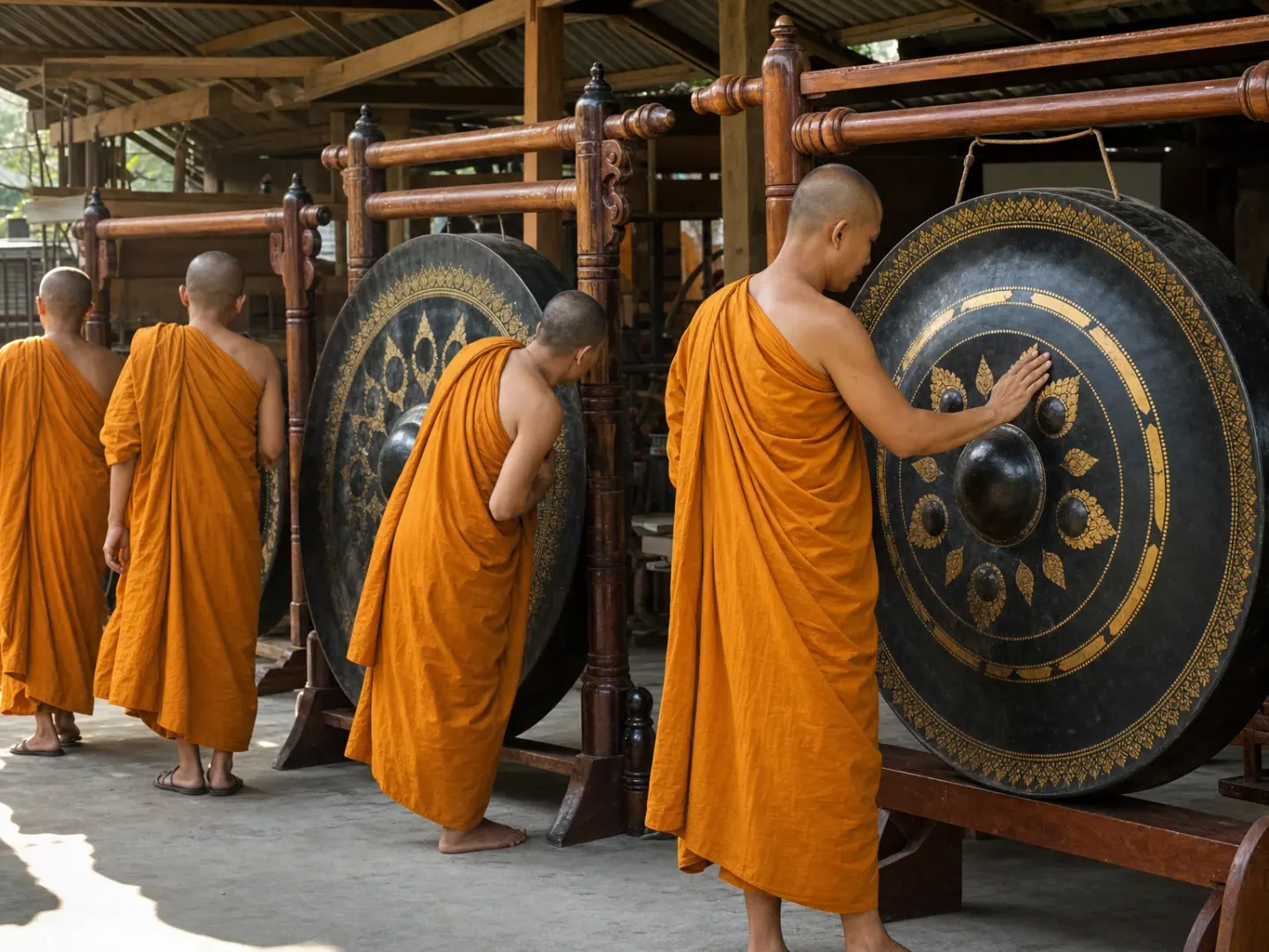 Buddhist monks examining large black-and-gold engraved gongs on carved stands