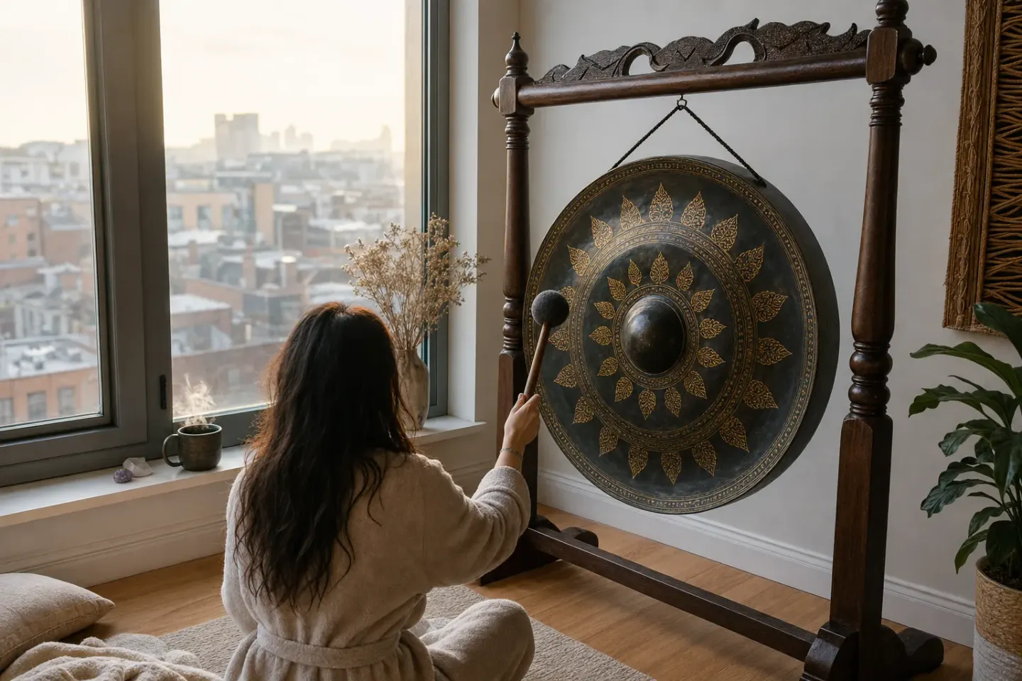 A person in a robe striking a dark gold-engraved gong on a wooden floor stand beside a city window at dawn